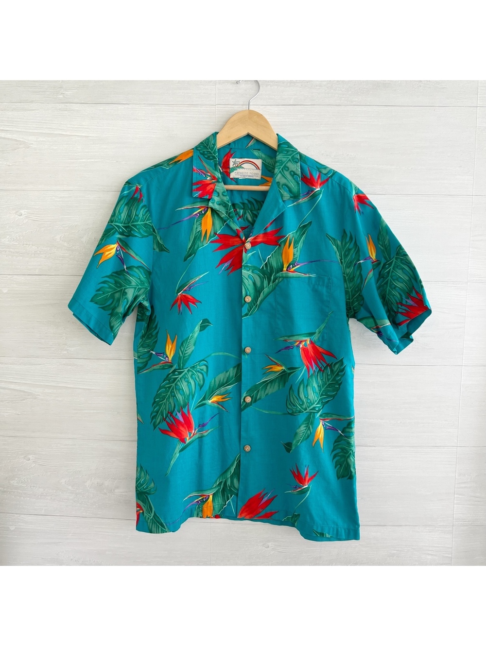 Paradise Found Hawaiian Shirt Mens S-M Teal Bird of Paradise Tropical Aloha
